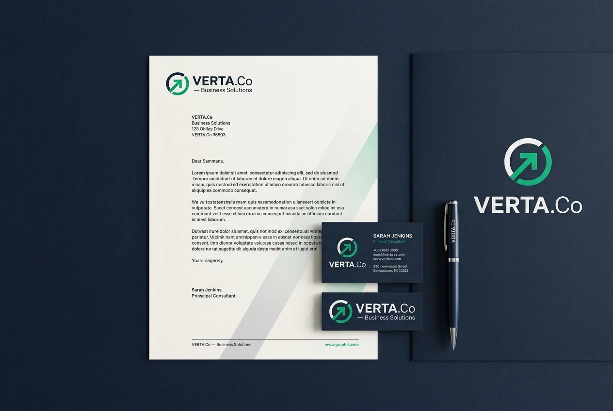 Verta.Co brand identity, letterhead, business cards and pen in green and navy