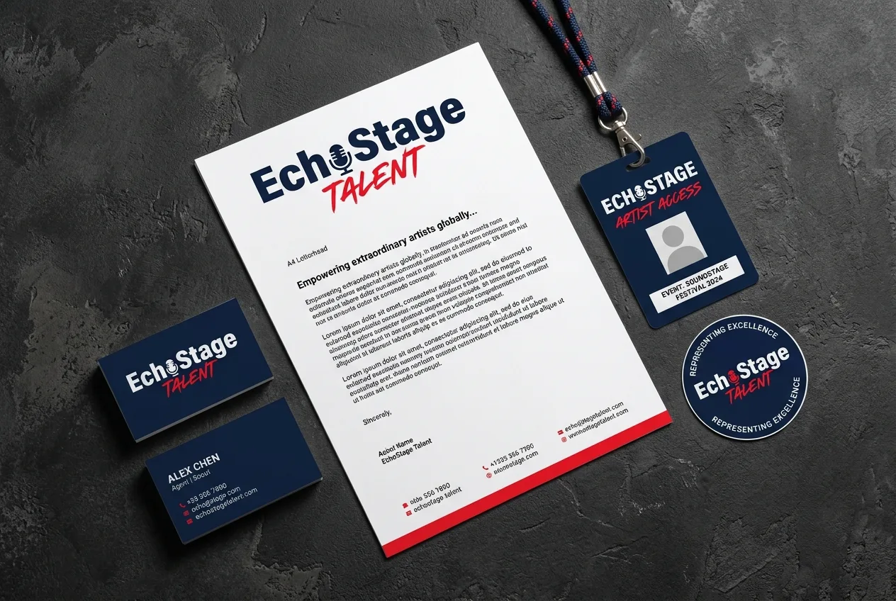 EchoStage Talent brand identity, letterhead, business cards, lanyard pass and sticker in navy and red