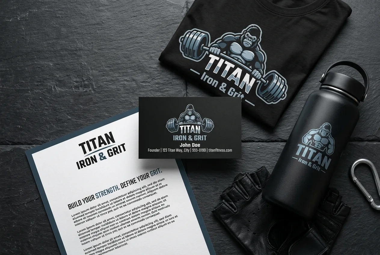 Titan gym brand identity, t-shirt, water bottle, letterhead and business card on slate