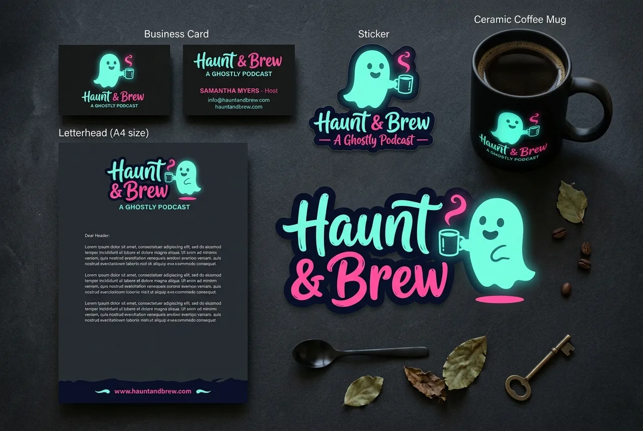 Haunt & Brew brand identity, business card, letterhead, sticker and mug in neon teal and pink on black