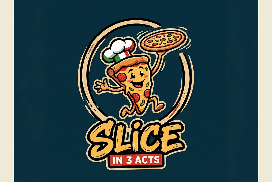 Slice in 3 Acts logo, a cheerful pizza-slice chef mascot tossing a pizza above a hand-lettered wordmark