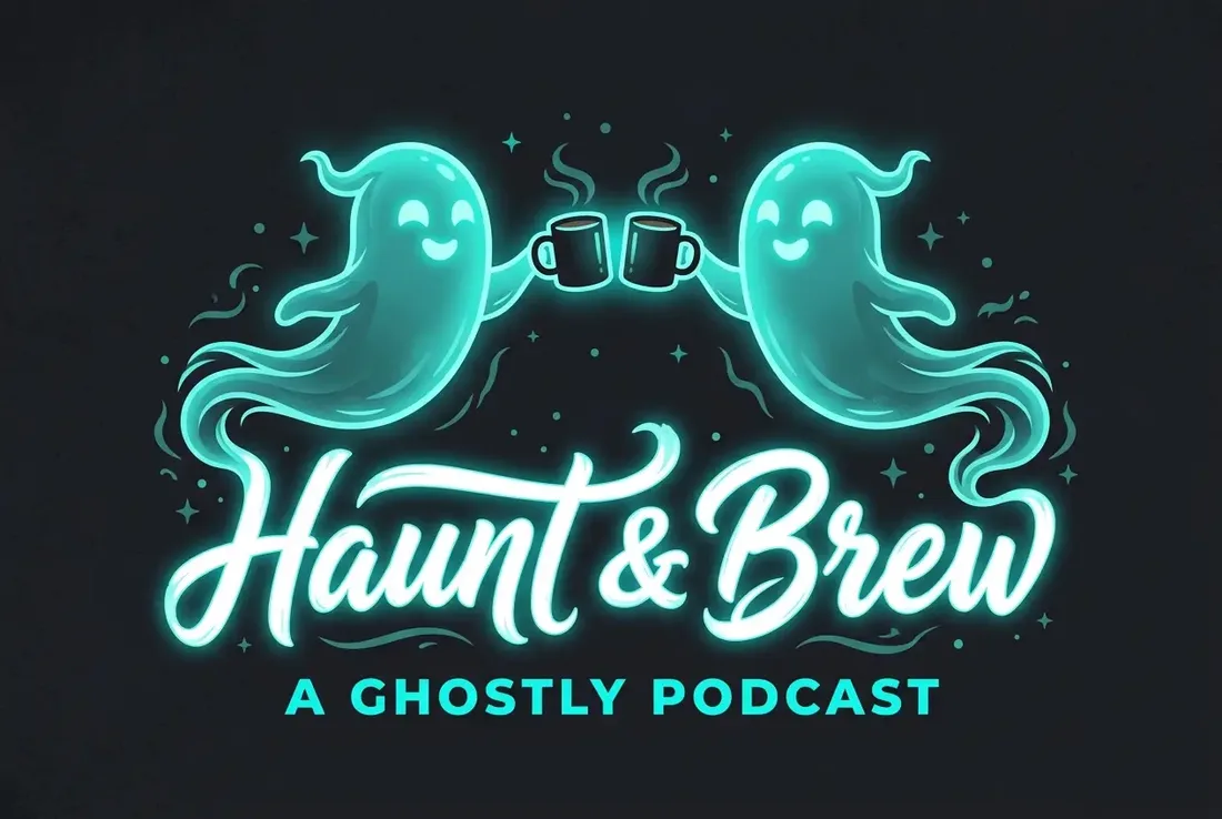 Haunt & Brew logo, two glowing ghosts toasting mugs above a script wordmark for a ghostly podcast