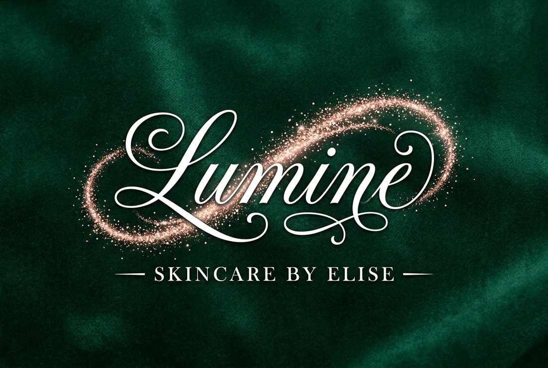Lumine logo, an elegant white script wordmark with a rose-gold sparkle on deep green velvet
