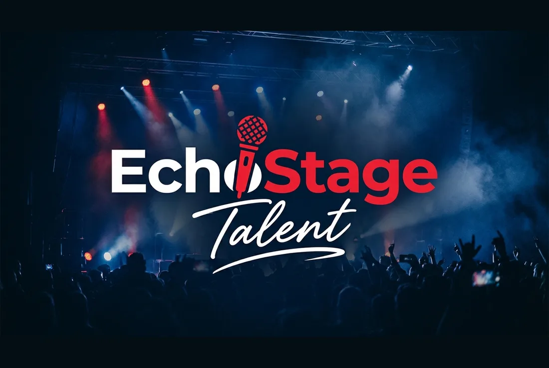 EchoStage Talent logo, a red microphone forming the letter over a concert crowd
