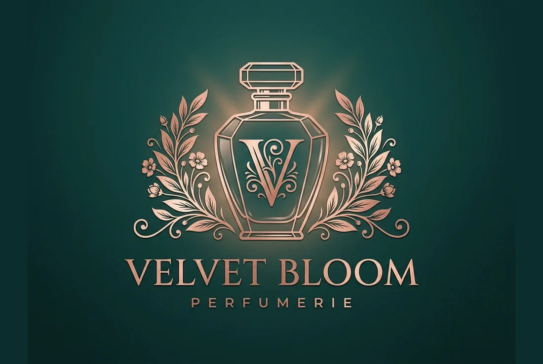 Velvet Bloom Perfumerie logo, a rose-gold perfume bottle crest with a monogram on deep green