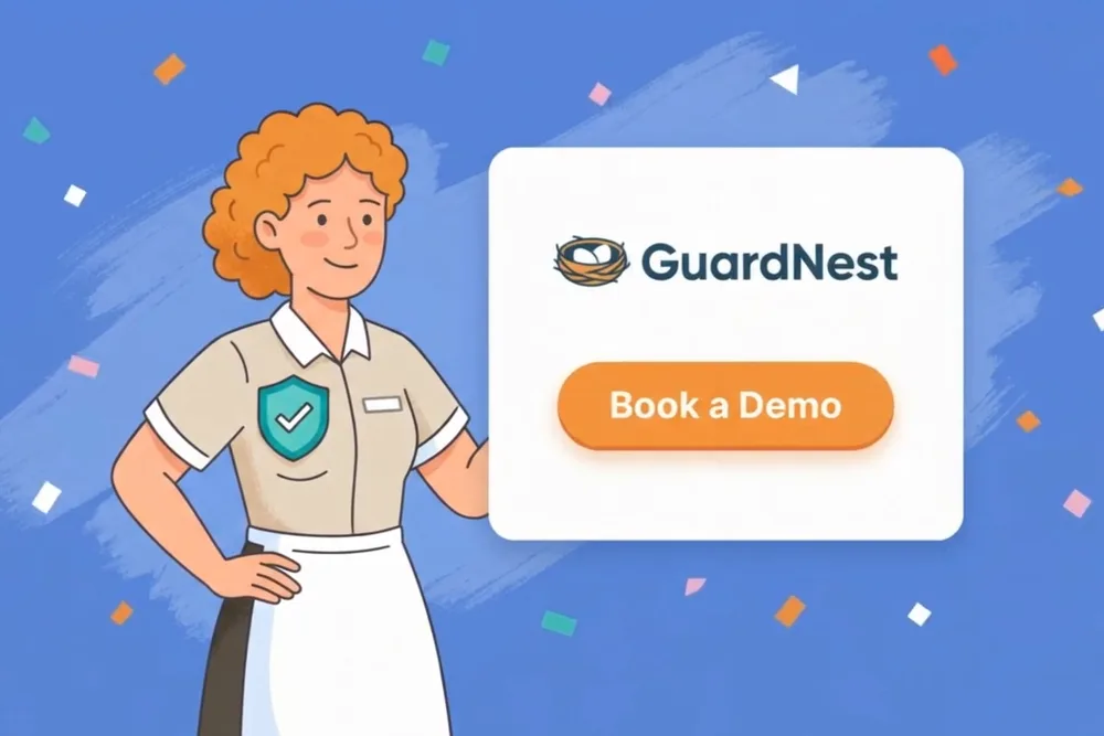 GuardNest animated explainer video, an illustrated security-service worker beside a Book a Demo button