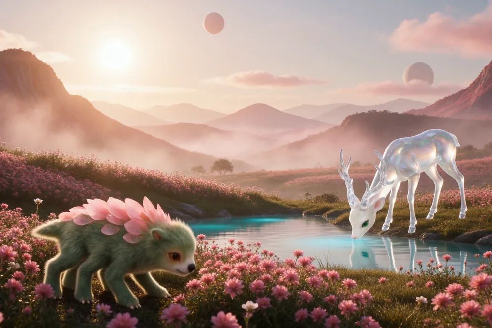 Milo 3D animation, a furry creature and a crystalline deer in a dreamy floral valley at sunset