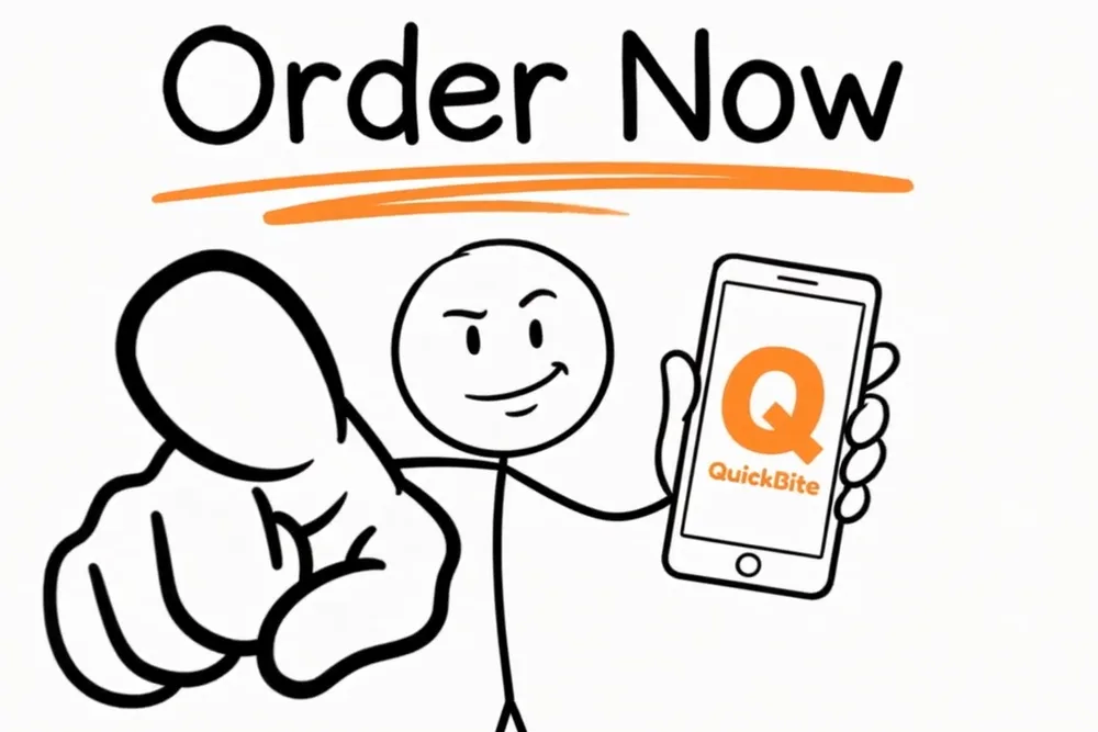 QuickBite animated explainer, a whiteboard stick figure holding a phone with the food-ordering app