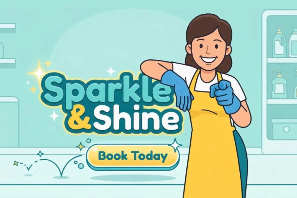 Sparkle & Shine cleaning-service promo video, an illustrated cleaner with a Book Today button