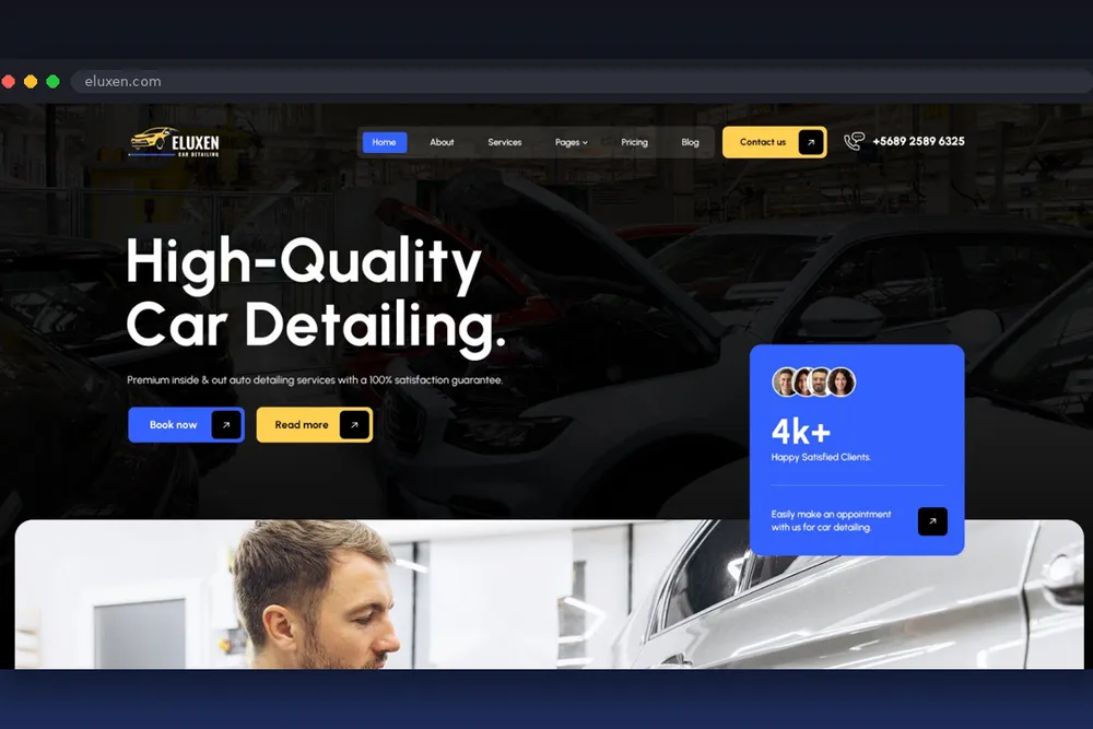 Eluxen website, car detailing studio landing page