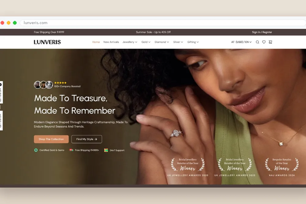 Lunveris website, luxury jewellery e-commerce store