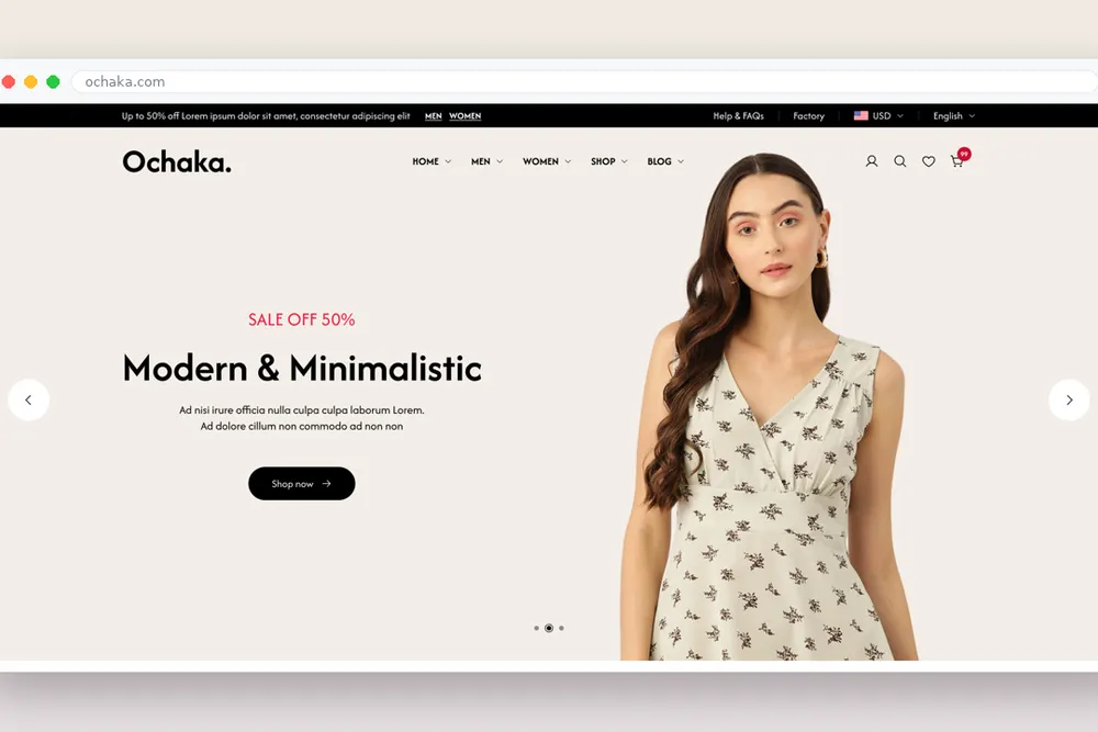 Ochaka website, minimalist fashion e-commerce store