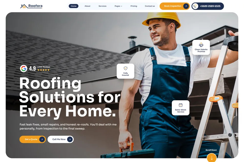 Roofora website, roofing services company site